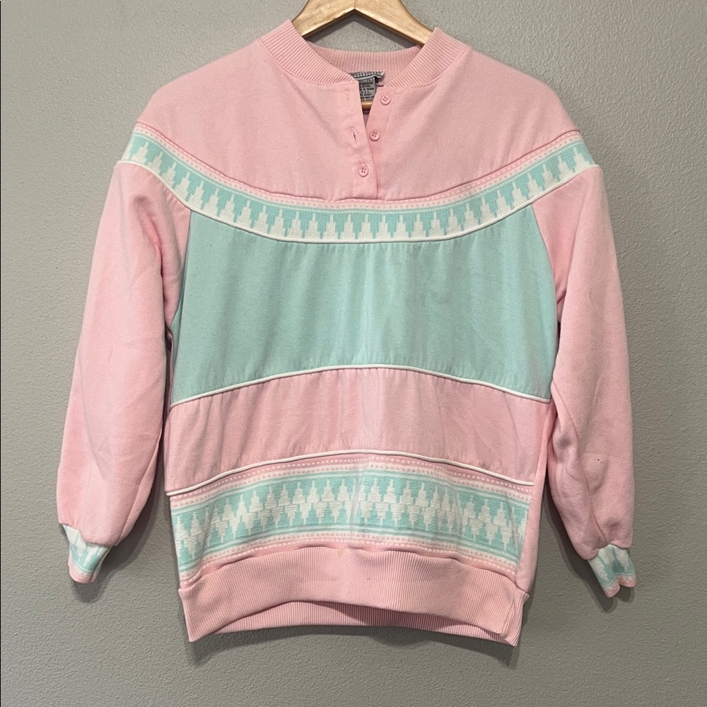 Vintage 80’s Spice of Life  Pastel Pink Mint‎ Women's L Crew Neck Sweater Granny